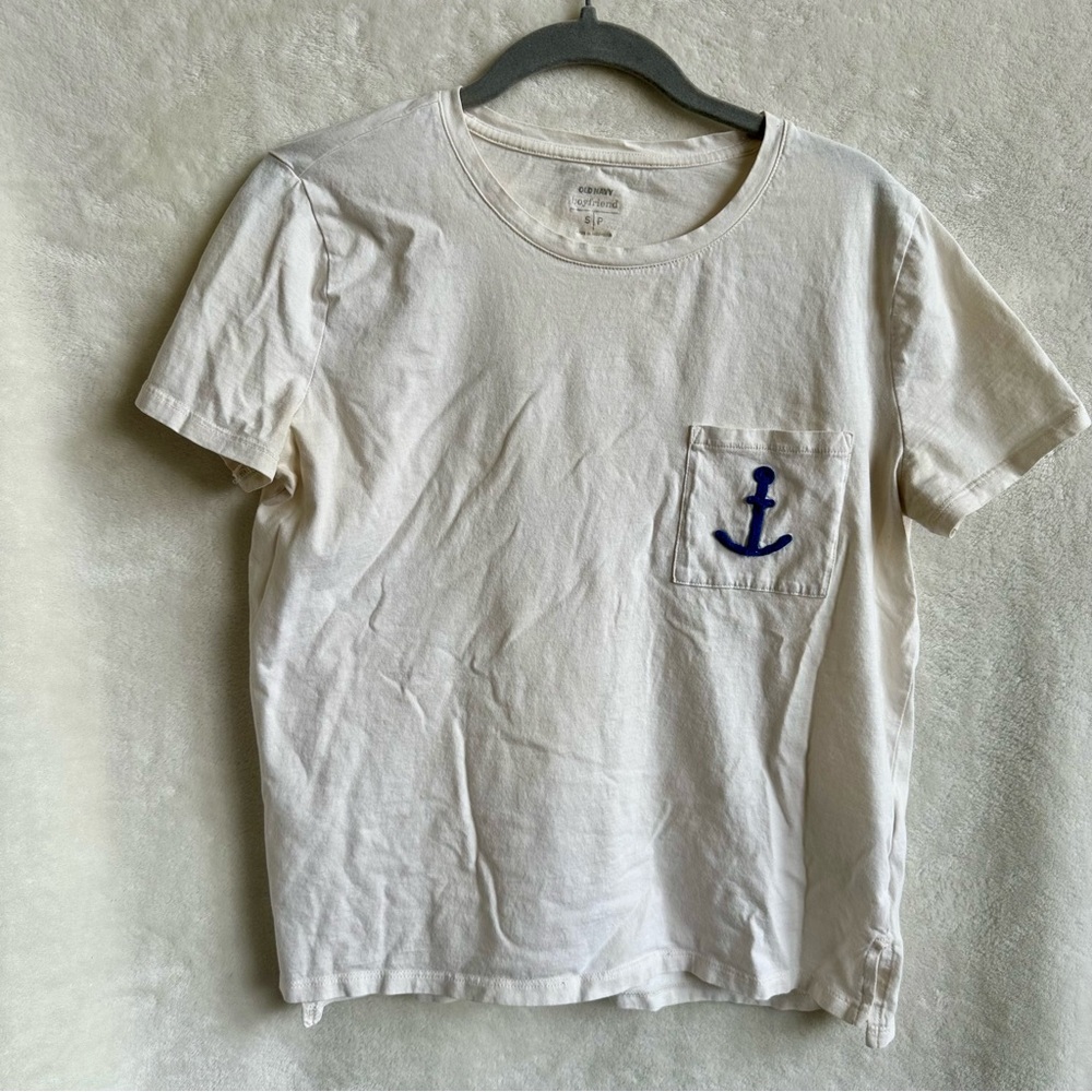 Old Navy Boyfriend Nautical Anchor Embroidery Pocket Tee Cream Off White Sz‎ S